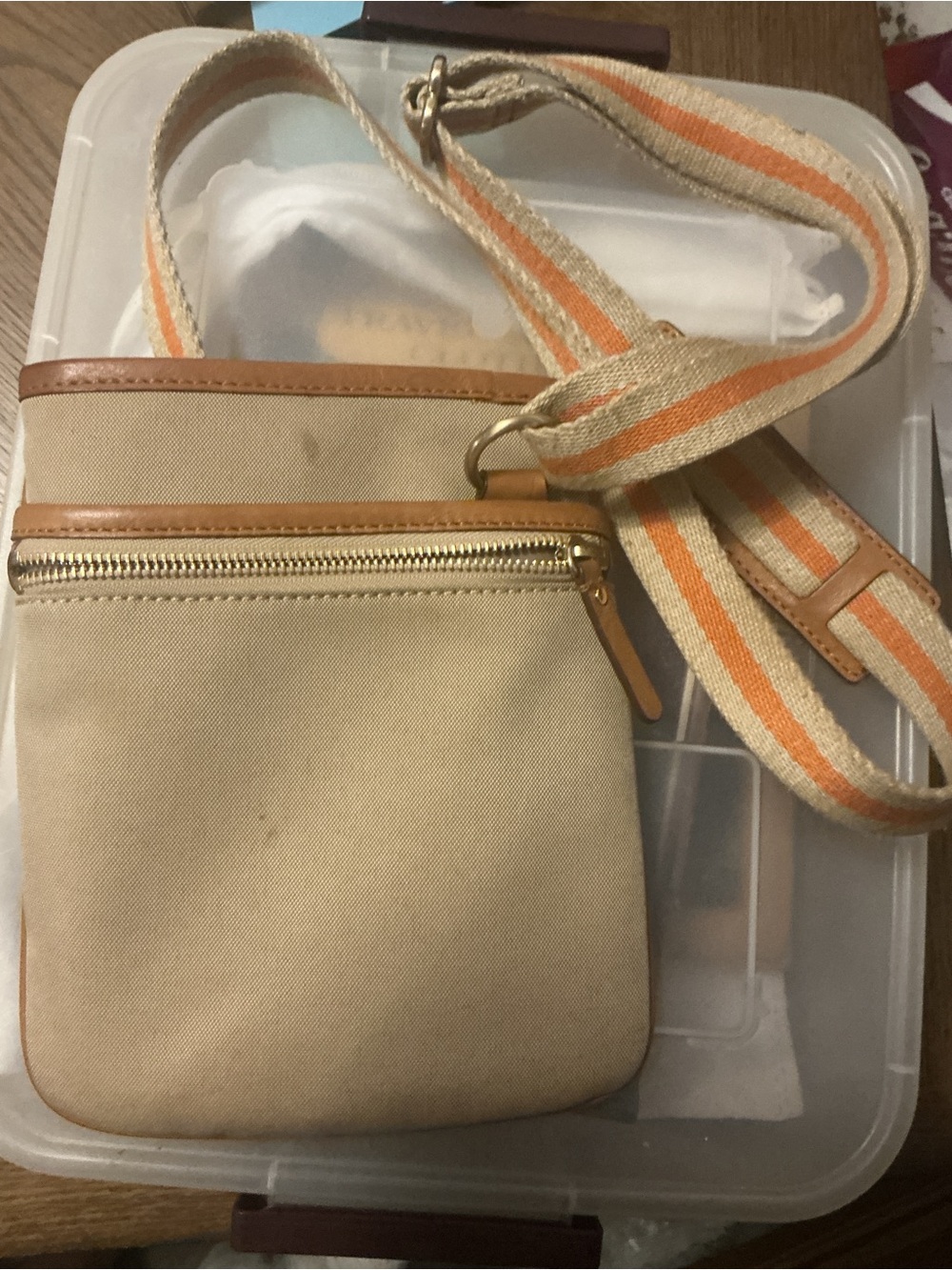Michael Kors Beige Crossbody with Orange-Accent Strap